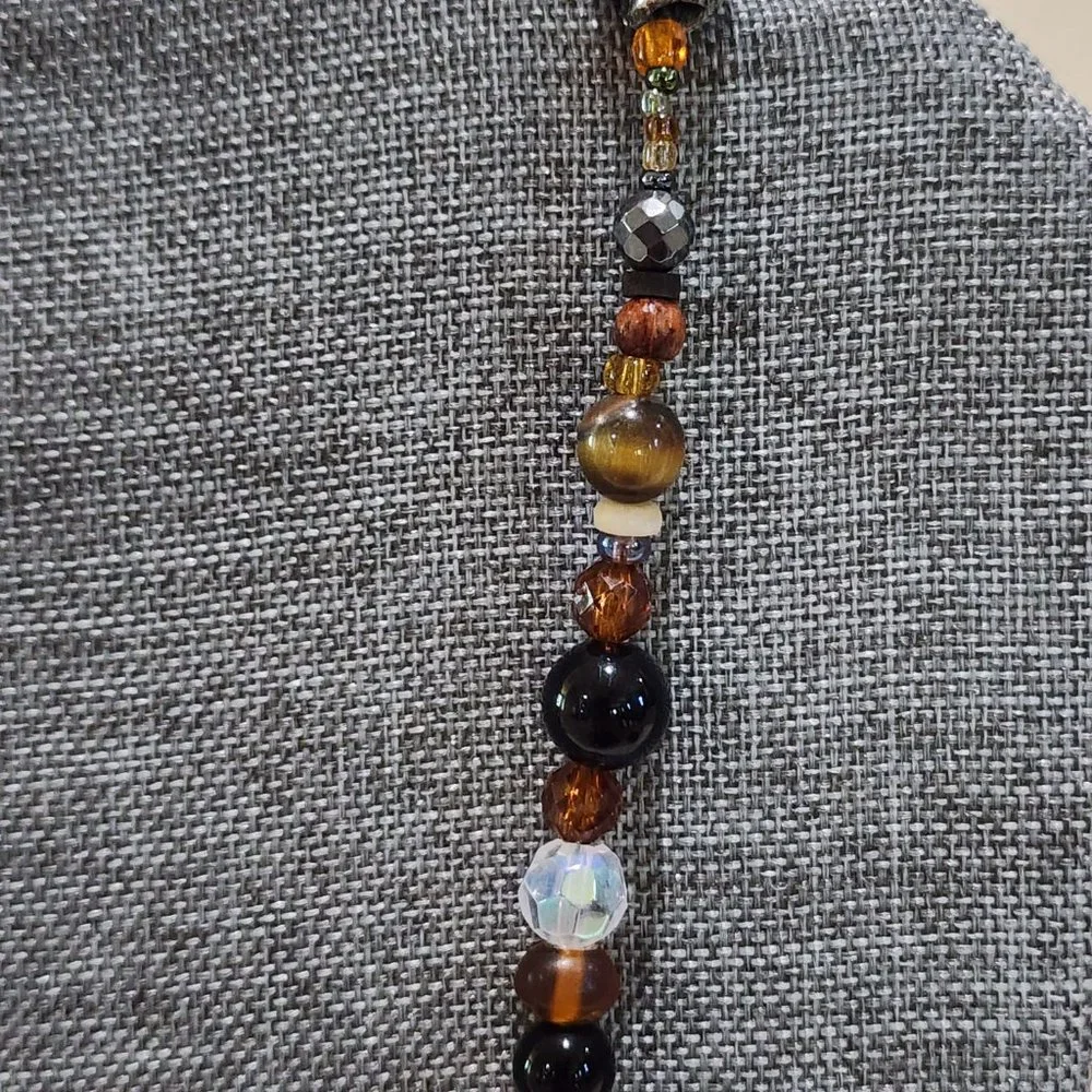Artisan BOHO Earth Tone Large Blown Glass Swirl Pendant Beaded Long Necklace